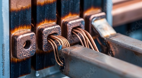 Close up of industrial electrical copper wires connected to terminals.