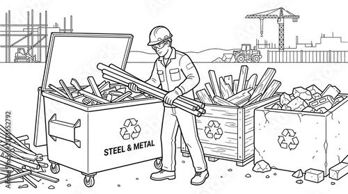 Construction Worker Sorting Industrial Waste for Recycling Coloring Page