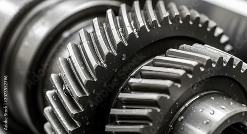Close up of interlocking metal gears in a mechanical system.