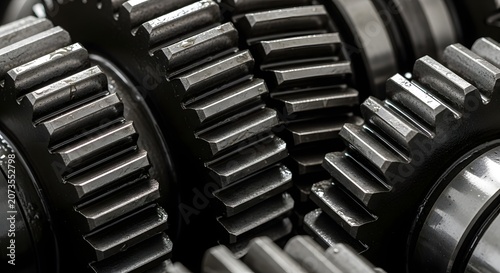 Close up of interlocking metal gears in a mechanical system.