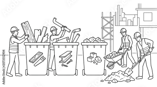 Construction Site Recycling and Waste Management Line Art Illustration