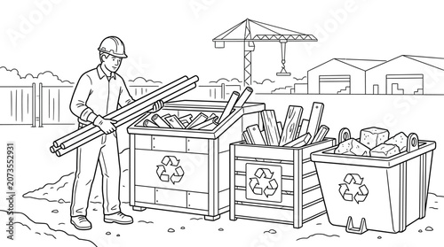 Construction Worker Sorting Recyclable Waste at Building Site Line Art Illustration