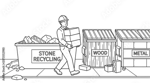 Construction Worker Sorting Recyclable Waste Line Art Illustration