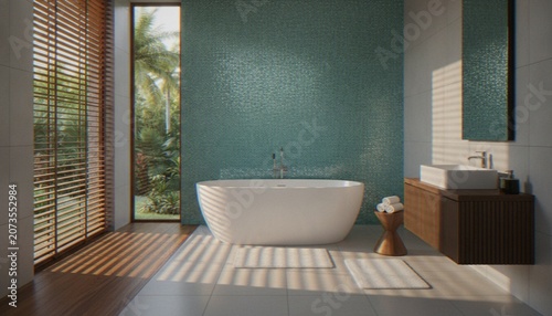 Bild auf Leinwand A modern, serene bathroom featuring a freestanding white bathtub against a vibrant turquoise mosaic tile wall, with natural sunlight streaming through wooden blinds