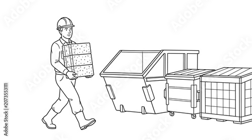 Construction worker carrying blocks to waste bins line art illustration