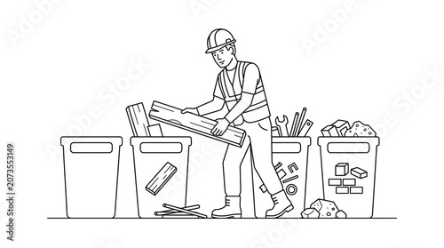 Construction Worker Sorting Waste into Recycling Bins Line Art Vector