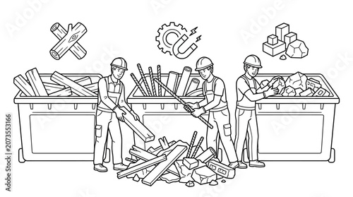 Construction Workers Sorting Industrial Waste and Debris into Recycling Bins Line Art
