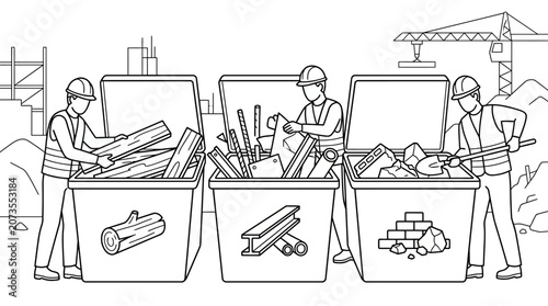 Construction Site Waste Sorting and Recycling Coloring Page for Kids