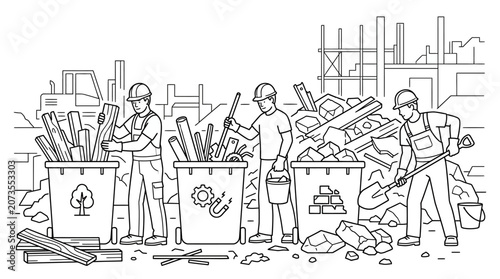 Construction Site Recycling Line Art Illustration of Workers Sorting Waste
