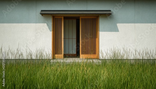 A traditional Japanese shoji screen door is framed by lush green grass and a minimalist building facade.