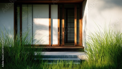 A modern doorway is framed by lush green grasses, creating a serene and inviting entrance.