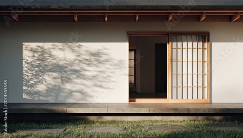A serene view of a traditional Japanese house with a shoji screen door and dappled sunlight.