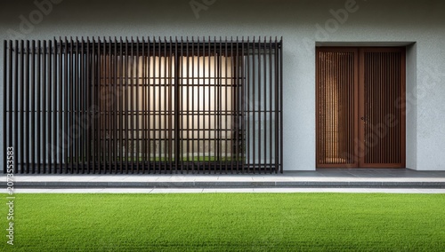 A modern building facade features a striking combination of vertical wooden slats and a solid gray wall, complemented by a vibrant green lawn in the foreground.