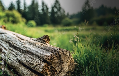 A weathered log rests in a lush, green meadow with a blurred forest backdrop.