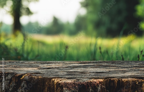 A rustic wooden stump sits prominently in a blurred, verdant outdoor setting, creating a natural and serene composition.
