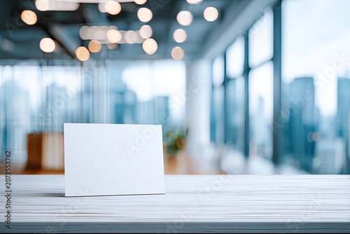 A blank white card stands prominently on a light-colored wooden surface against a blurred modern office backdrop.
