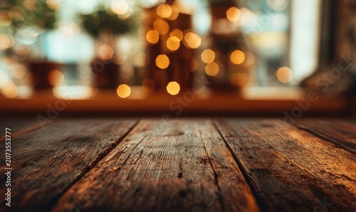 A warm, inviting scene features a rustic wooden surface in the foreground, softly blurred with bokeh lights in the background, creating a cozy and atmospheric ambiance.