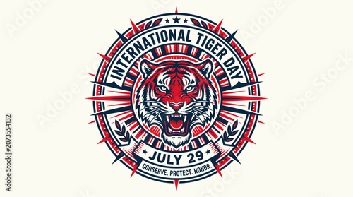 Photography International Tiger Day July 29 Emblem with Fierce Tiger Head, Conservation Conc