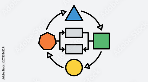 Colorful circular process diagram with geometric icons.