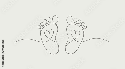 Continuous line baby footprints with heart center