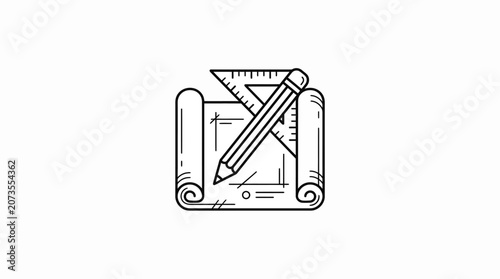Construction plan scroll with drafting tools line art.