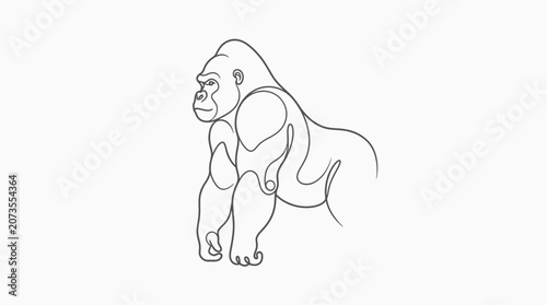Continuous line art of majestic seated gorilla primate.