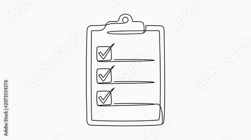 Continuous line drawing of a clipboard with checkmarks.