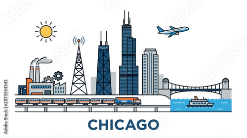City skyline of chicago with train and airplane vector illustration