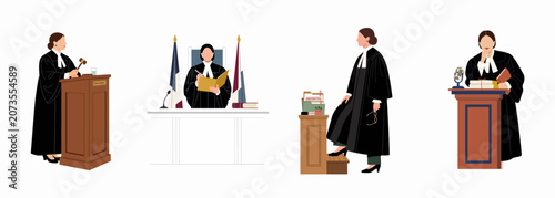 Obraz na plátně Vector illustration set of a female judge in professional legal robes performing courtroom duties, presiding over hearings, and managing immigration case files