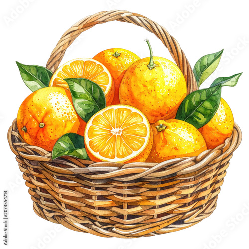 A close-up watercolor illustration of a wicker basket filled with vibrant oranges and green leaves