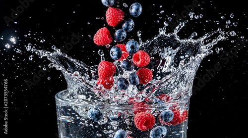 Fresh red raspberries and blueberries splashing into water. Dynamic dark liquid background.