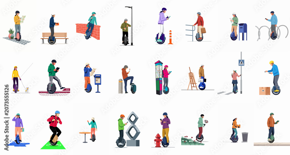 Fototapeta premium Flat vector illustration set of diverse people riding electric unicycles in urban settings for commuting, delivery, and leisure activities in a modern city.
