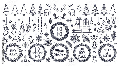 Fotografie Christmas line icons collection, holiday symbols and decoration elements vector set