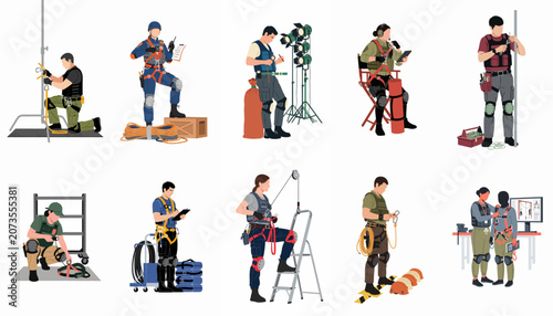 Foto Flat illustration set of professional technicians and riggers wearing safety harnesses and using climbing equipment for industrial and stage work