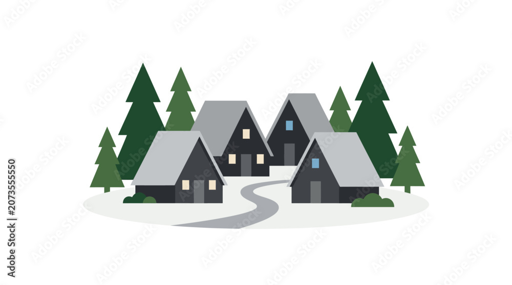 Fototapeta premium Two black and gray cabins in snowy forest with trees