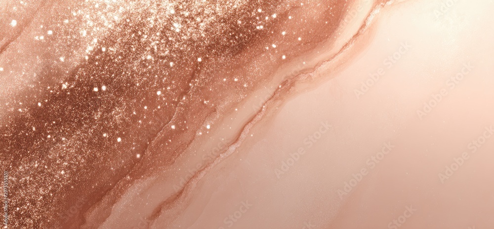 Fototapeta premium A shimmering, rose-gold abstract background with flowing ink and sparkling glitter.