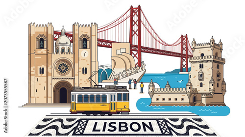 Colorful vector illustration of lisbon city landmarks and tram