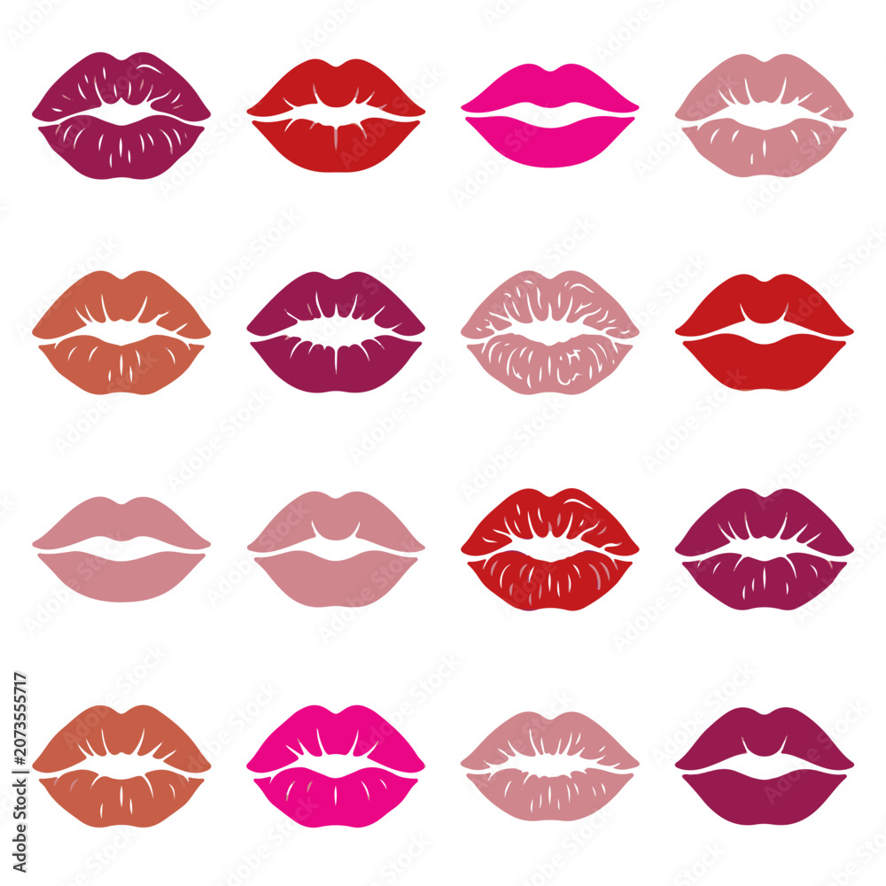 Fototapeta premium Lips Lipstick Kiss Vector Illustrations in Various Colors Perfect for Beauty Designs