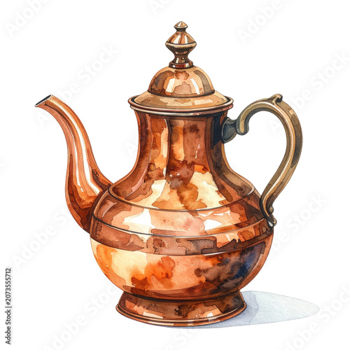 Watercolor painting of a lustrous copper teapot with spout, handle, and intricate details