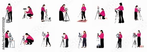 Tableau sur toile Set of flat vector illustrations showing female court reporters and stenographers setting up and using transcription equipment on tripods in various poses