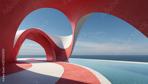 A striking architectural structure with vibrant red and white curves frames a serene ocean view under a clear blue sky.