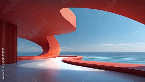 A striking architectural composition features curving red structures framing a serene ocean view under a clear blue sky, creating a modern and abstract visual experience.