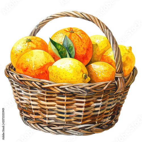 A watercolor illustration of a woven basket overflowing with bright citrus fruits