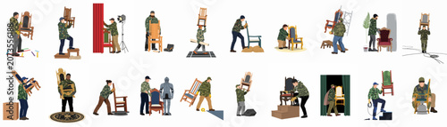 Photos Diverse crew of workers in camouflage gear transporting and arranging various antique chairs, thrones, and stage props for an event production