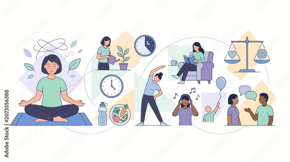 Fototapeta premium Illustration of people practicing self-care and wellness.
