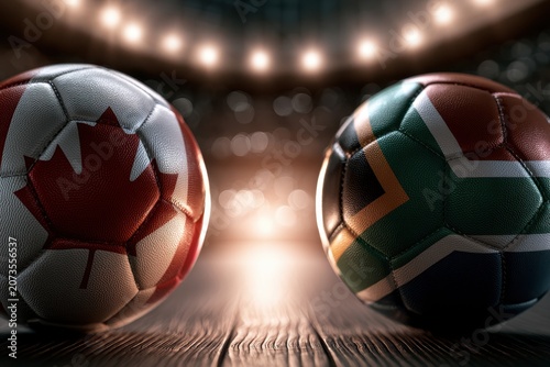 International Indoor Soccer Rivalry with Canada and South Africa Flag Balls on a Wooden Court Floor