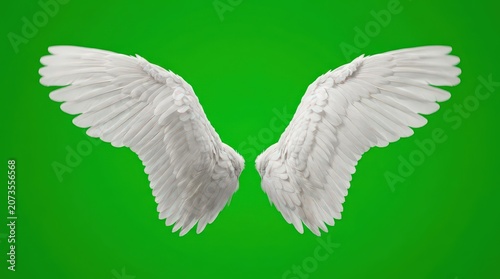 A pair of pristine white angel wings displayed against a vibrant green screen background, ready for digital manipulation and creative projects