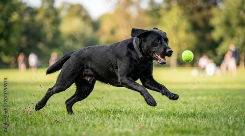 Black Labrador Dog Chasing a Tennis Ball Across a Grassy Field, Capturing a Moment of Joyful Activity