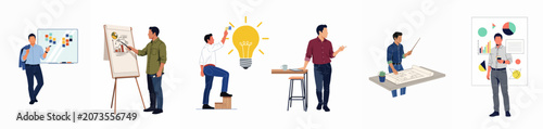 Collection of business men in various work scenarios such as giving presentations, brainstorming ideas, and reviewing project plans, shown in flat vector illustration style.
