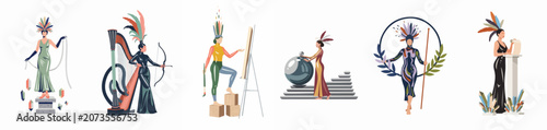 Schilderij op canvas A diverse collection of stylized female characters depicted as artistic muses with feathers and symbolic objects, presented in a clean flat illustration style
